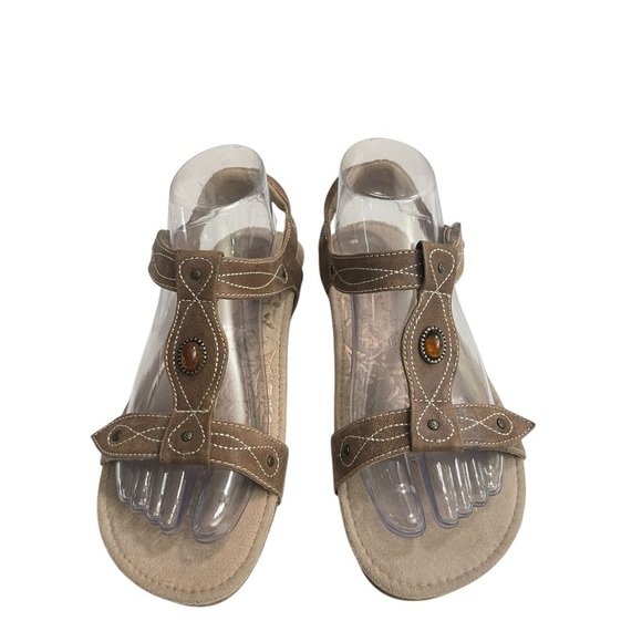 Aetrex Lori Sandals Women's 7 Brown Leather Cork Wedge T-Strap Comfort Beaded - Picture 9 of 15